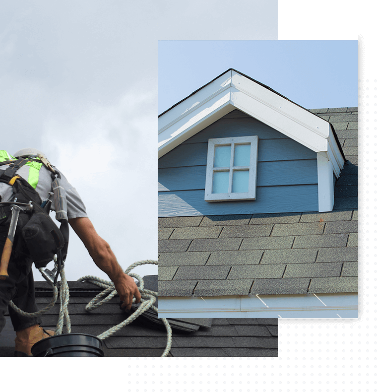 Collage of Roof repair construction worker roofer man roofing security rope and windows at the roof of the house, Roof shingles on top of the house against sky