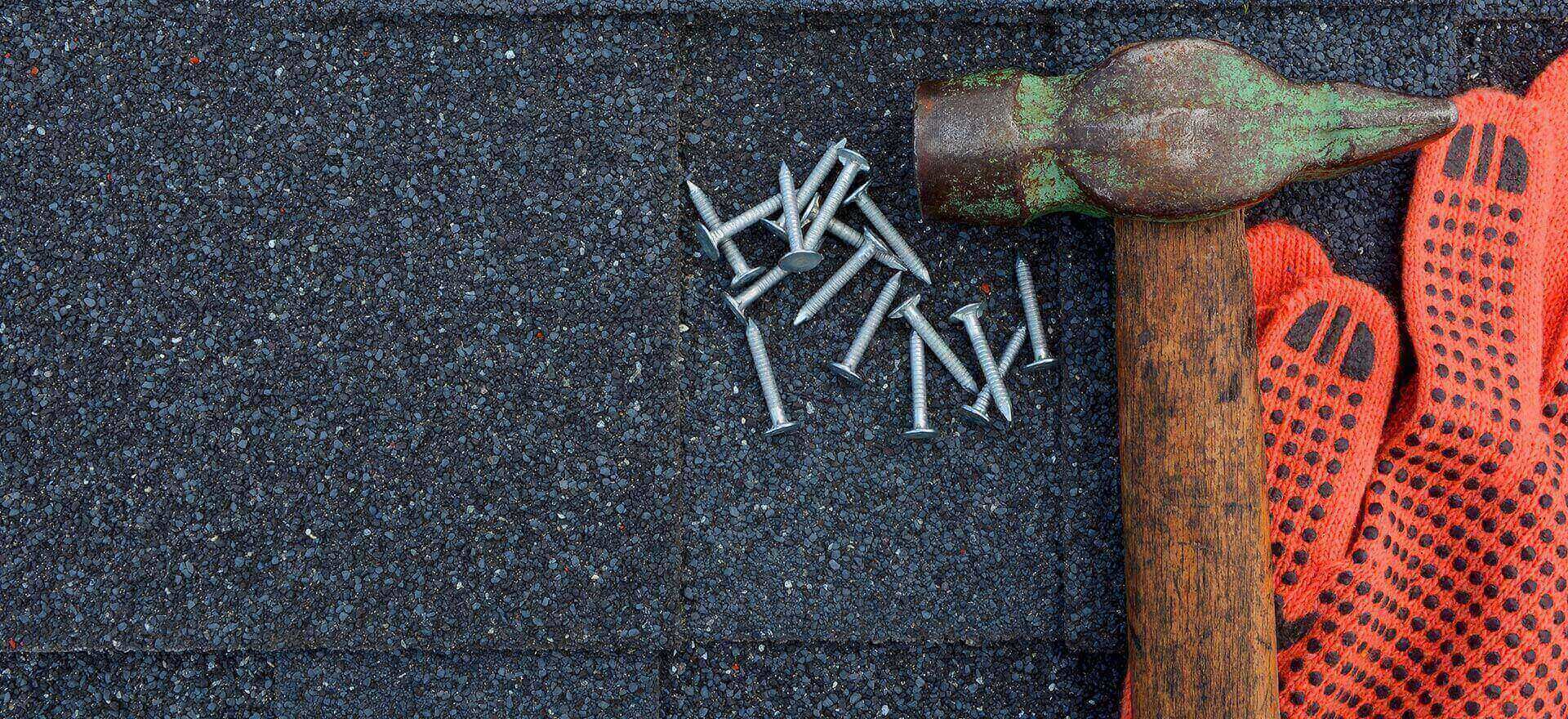 Asphalt Roofing Shingles Hammer, Gloves and Nails