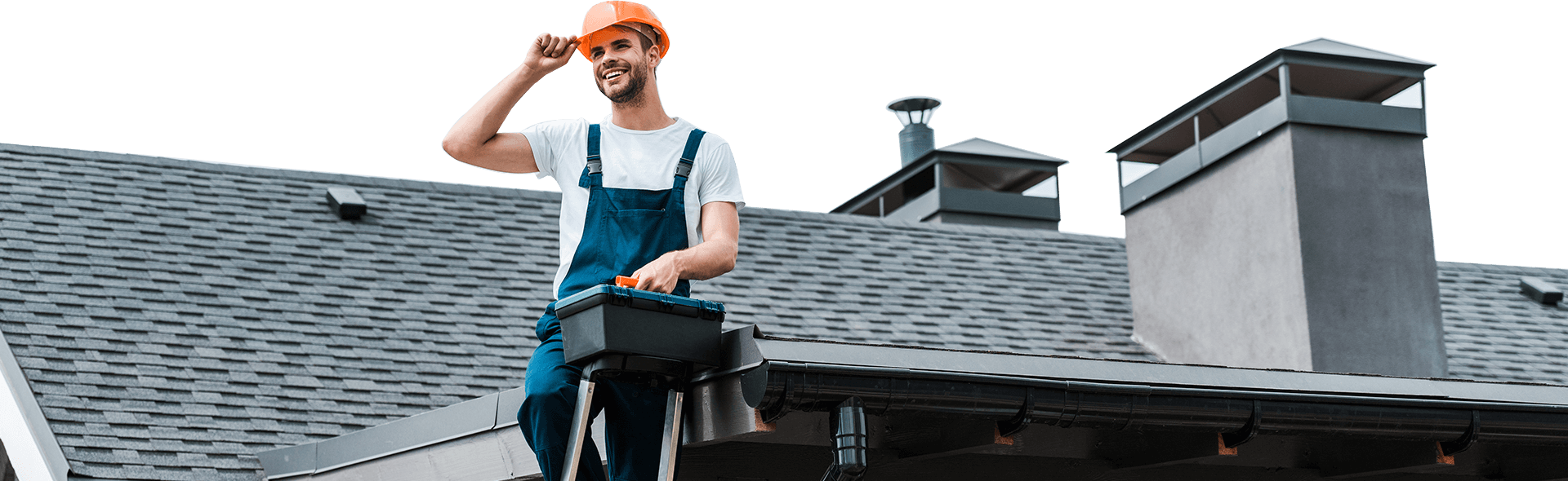 Repairman on roof and holding toolbox