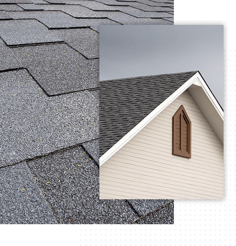 Collage of Asphalt roofing shingles and Roof shingle of house